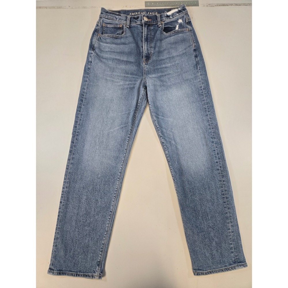 American Eagle Highest Rise 90s Boyfriend Jeans Blue Distressed Stretch Size 6